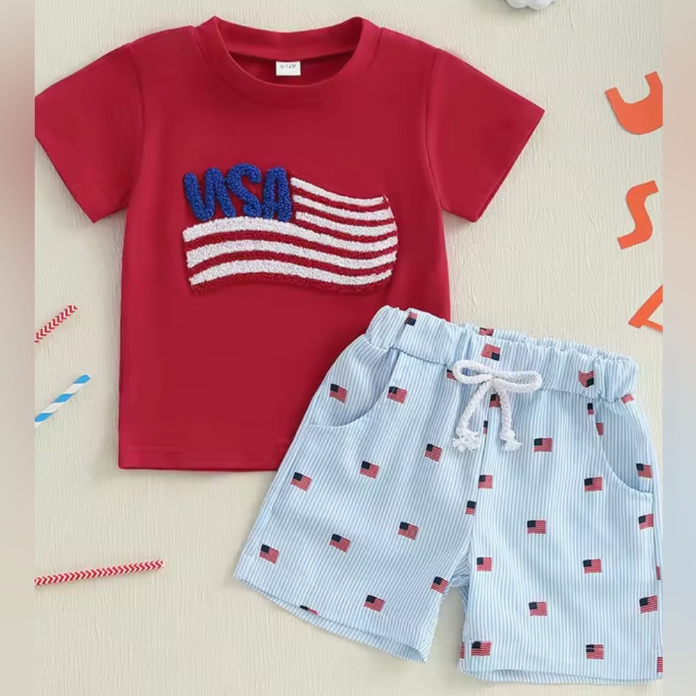 Red USA Flag T-Shirt and Blue Shorts Set